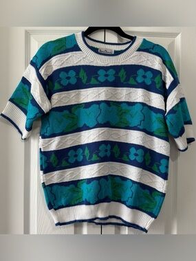 Vintage Nan Dorsey Floral Knit Sweater Top Blue White USA Made Large